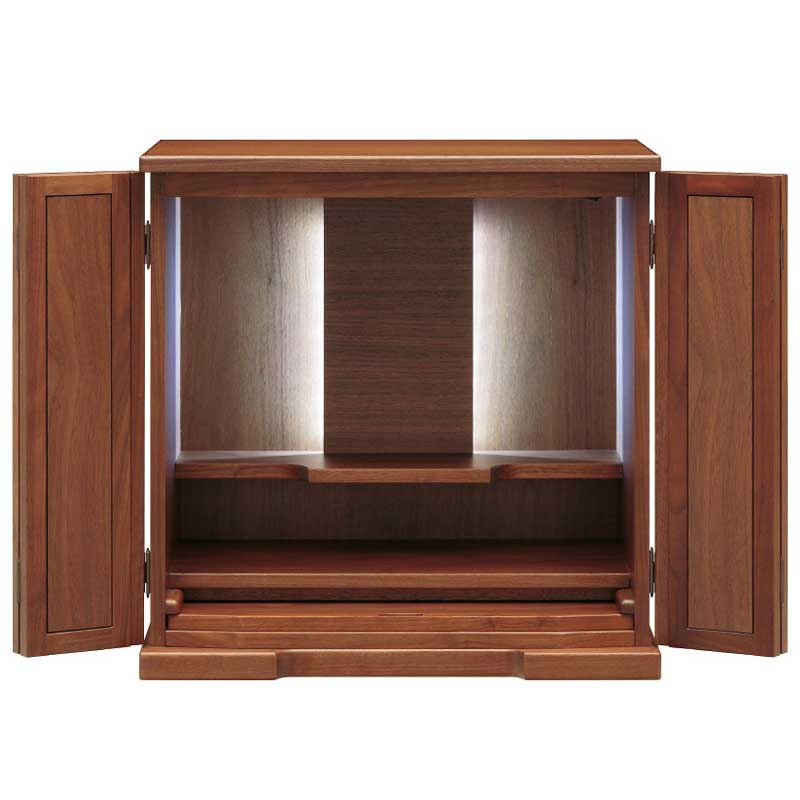 ウォールナット材で造られた背板にLED照明が付いたミニ仏壇 アンジェ　【送料無料】