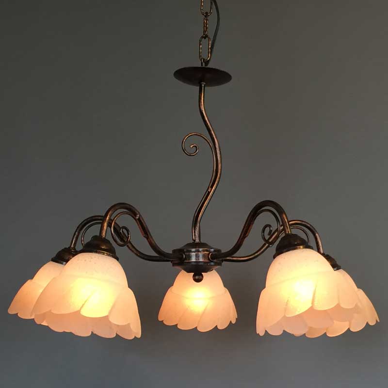 アイアン5灯ガラスシェードシャンデリア照明　イタリア製