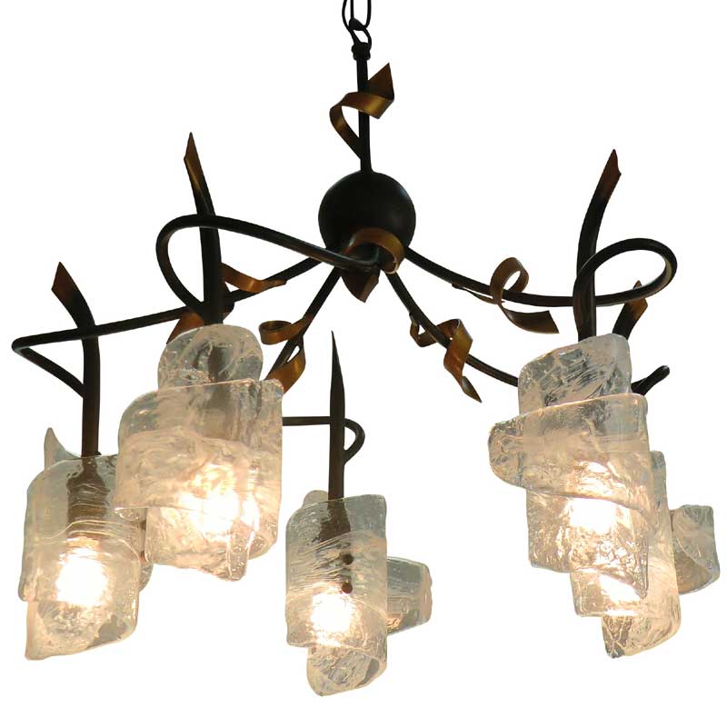 ベネチアンガラス使用したロールケーキを思わせるガラス形状の5灯シャンデリア照明　イタリア製