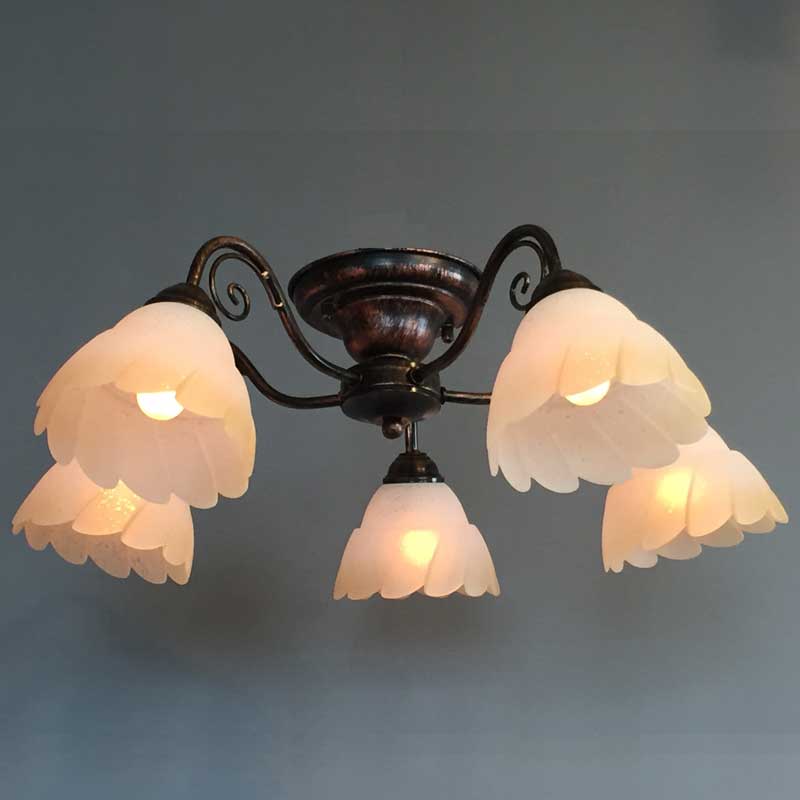アイアン5灯ガラスシェードシーリングシャンデリア照明　イタリア製