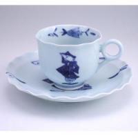 二人異人輪花コーヒー碗皿  有田焼　青花