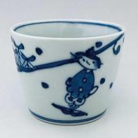 波と紅毛人そば猪口(小)　青花　有田焼