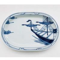 出船帆船小判プレート　青花　有田焼