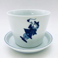 パイプ異人フラワーポット(底穴有)　受け皿付き　青花　有田焼