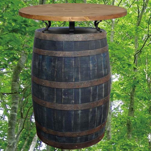 80cm丸バレルアイアンステーバーテーブル　アンティークブルー色　バレルクラフト(ウイスキー樽家具)