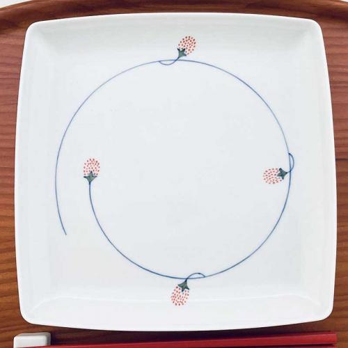 (赤)つるいちごスクエアプレートL　青花　有田焼