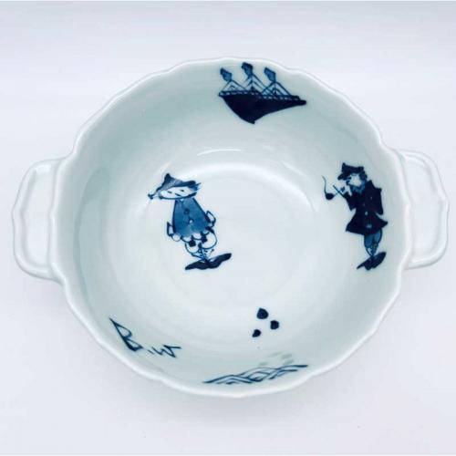 異人づくし新耳付スープ碗　青花　有田焼
