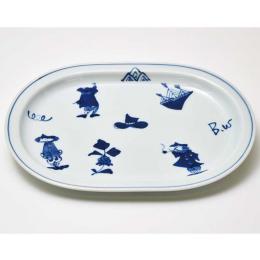 異人づくし小判プレート　青花　有田焼