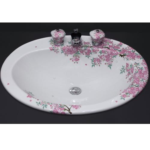 有田焼の楕円型洗面ボウル(洗面器)　600-色彩桜絵楕円型