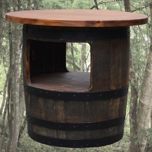 80cm丸バレルオープンラックローテーブル　無塗装・黒タガ　ウイスキー樽物語