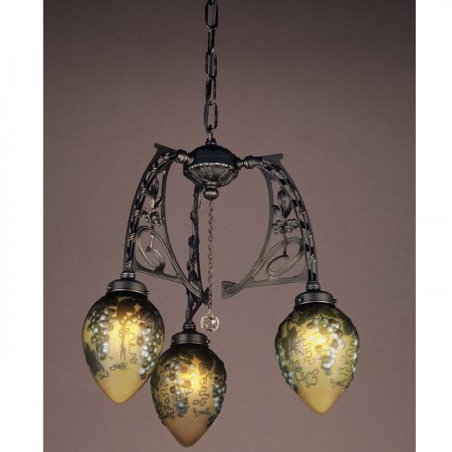 葡萄のモチーフのチェーン吊3灯シャンデリア照明　(ブルーグレープ/ダークブロンズ)　ガレコレクション